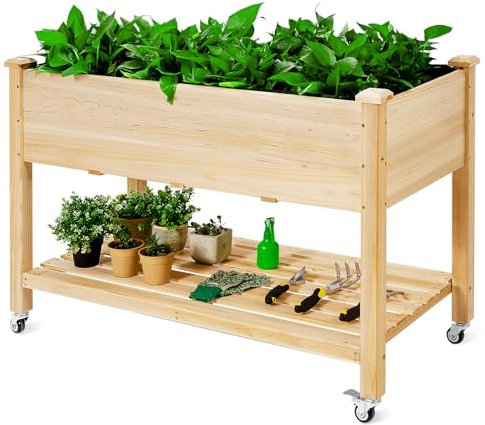 HOMASIS Jardinière surélevée en bois avec roulettes et étagère, bac à fleurs, pour jardin, balcon, terrasse, avec trous de drainage et non-tissé intérieur, parterre de fleurs, 120 x 59 x 84 cm