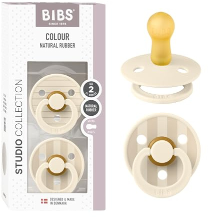 BIBS Colour Studio Soother 2-Pack, BPA Free Dummy Pacifier, Round Nipple. Natural Rubber Latex, Made in Denmark, Size 2 (6-18 Months), Pin Ivory Vanilla