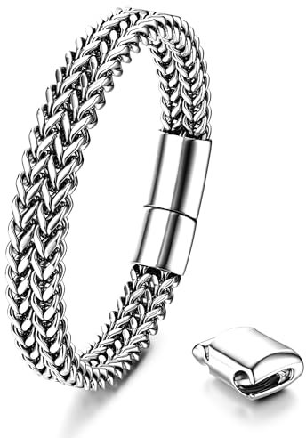 Dochais Men's Stainless Steel Curb Chain Bracelet with Magnetic Clasp, Franco Chain Style, Black, Silver & Gold, 10mm Wide, 22.5cm Long