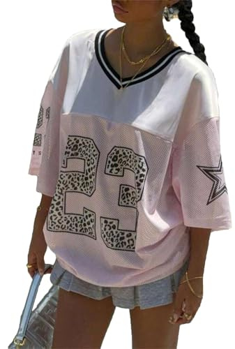 Women’s Y2k Oversized Number Graphic Shirts V Neck Short Sleeve Jersey Top Summer Going Out Tees Aesthetic Clothes (B-Pink, S)