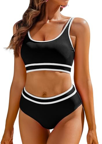 AI'MAGE Bikini Damen Set Badeanzug Bauchweg Sport Bikini-Sets High Waist Bademode Push Up Gerippt, Schwarz XXL