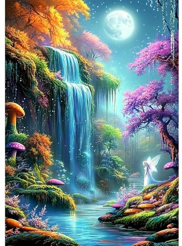 NEWENMO Colorful Fantasy Forest Diamond Painting Kit Adulti,DIY Cascata Pittura Diamante Set,5D Luna Piena Diamond Art Kit Completo,Adatto per Adulti Principianti la Decorazione Domestica,30x40cm