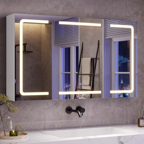 mojiasion Armoire Salle de Bain avec Miroir LED 60x100x16 cm (HxLxP) - 3 Températures Lumière & Dimmable, Commande Tactile, Prise Électrique, 3 Étagères Réglables - Gain de Place Grand Format