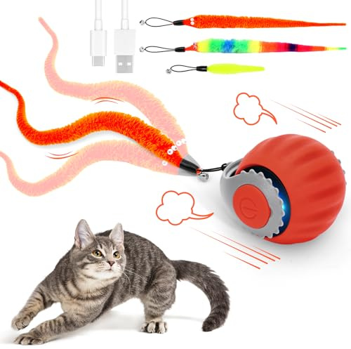 RuiDay Palla Interattiva per Gatti, Pallina Gatto Automatica, Giochi per Gatti Interattivi, Giochi per Gattis, 3 Modalità di Lavoro, Coda Sostituibile (Rosso)