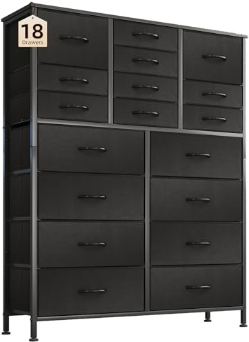 CAIYUN Commode avec 18 tiroirs en tissu, commode en tissu, meuble de rangement à tiroirs pour la chambre à coucher, commode de salon, placard de rangement, avec cadre en acier stable, plateau en bois