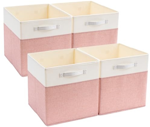 Mangata Cajas de almacenamiento en forma de cubo de 25 x 25 x 25 cm, cestas de almacenamiento de tela para cubos de ropa, cestas, cofres, juguetes (rosa/blanco crema, 4 piezas)