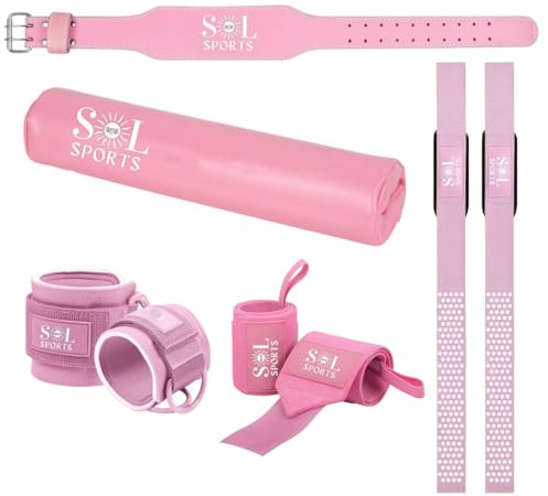 SOL SPORTS – Kit Musculation 5-en-1 Premium : Ceinture de Levage, Sangles de Tirage, Protège-Barre, Poignets & Chevilles – Accessoires Gym Homme/Femme (Rose, XL)