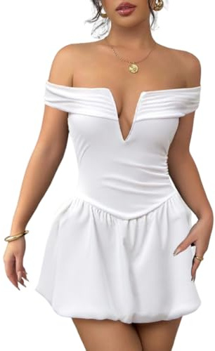 AOWVUTS Robe Femme Sexy Mini Robes Épaules Dénudées Col en V Chic Robes Courte Moulante sans Manches Elegant Bodycon d'Été Robe à Bulles A-Ligne pour Soirée Clubbing Cocktail Fête Party
