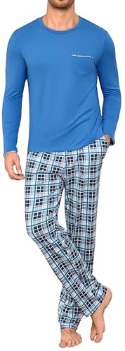 Leversic Pijama de Invierno para Hombre Conjunto de 2 Piezas de Algodón a Cuadros con Manga Larga y Cuello Redondo Camiseta y Pantalón a Cuadros para Dormir S-4XL(420-Azul,L)