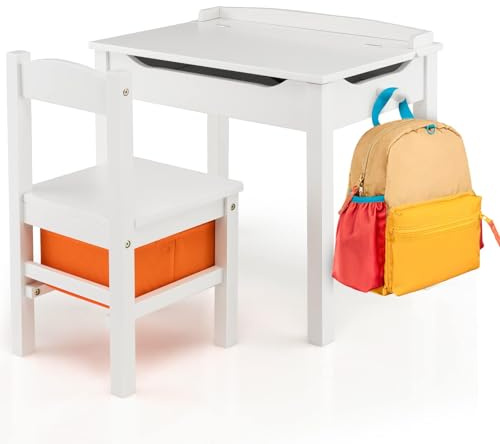 FANTASK Children's Desk with Solid Wood Chair, Hinged Children's Seating Set with Folding Table Top, Drawer & Hook, Activity Table, Children's Seating Set for Children from 3 Years (White)