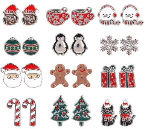 Mikovivi 12 Pairs Christmas Stud Earrings for Women, Holiday Stud Earrings Christmas Jewelry Charms for Women Xmas Accessories