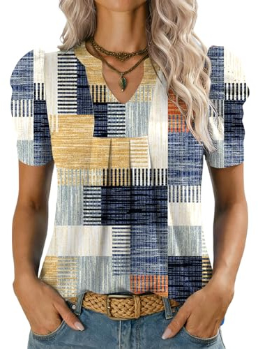 Kistore Camiseta de manga corta abombada con cuello en V para mujer, blusas de moda del Reino Unido, tallas S-XXL, Cuadros coloridos., L