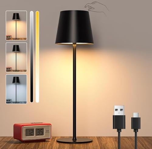 PRIME ESSENTIALS® Lámparas LED de Mesita de Noche Color Negro para Dormitorio sin Cables I Lámpara Táctil de Mesa de Lectura Recargable I 3 Modos de Luz con Brillo y Altura Ajustable.