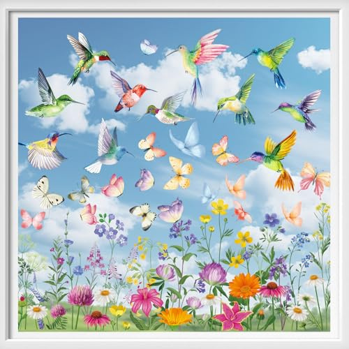 BBLIKE 9 fogli primaverili per finestre – Colibrì fiori autoadesivi stampati su entrambi i lati, adesivi per finestre riutilizzabili per decorazione finestra