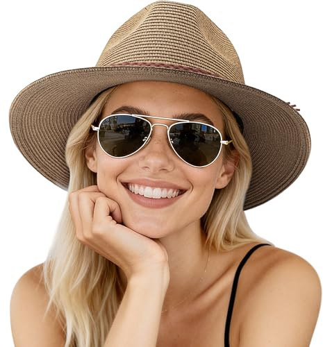 DRESHOW Women Straw Panama Hat Fedora Beach Sun Hat Wide Brim Straw Roll up Hat UPF 50+
