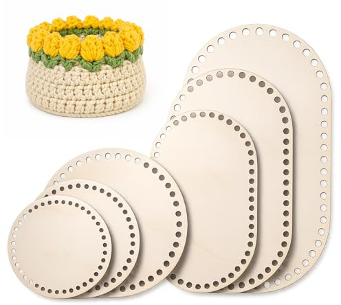 Ganchillo de Base de Madera – 6 Unidades de Suelo de Mimbre Natural, Base Oval y Redonda, Fondo de Cesta para Tejer a Ganchillo, Juego de Manualidades con Tamaños 10/15/20/25/30 cm