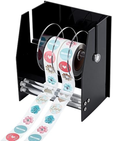 PH PandaHall Adjustable Label Dispenser Black Acrylic Sticker Roll Dispenser with 4 Disk Sticker Roll Holder Organizer Holder Organizer Stand for Office Home Sticker Label Storage 6.1x4.7x7.1 Inches