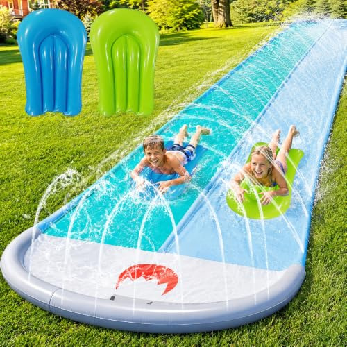 Mineup Scivolo Ad Acqua, 550x140cm Scivolo da Giardino Estivo con Irrigatore Integrato, Scivoli d'Acqua Doppio Scivol per Prato con 2 Bodyboards Giocattolo Estivo per Giardino E Spiaggia