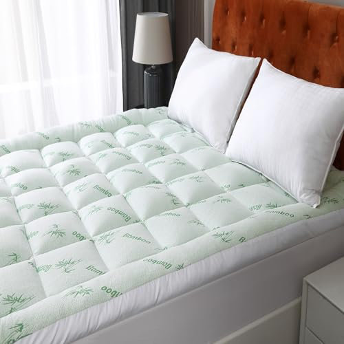 Bamboo Mattress Topper Double Bed 4 Inch 10cm Extra Thick Quilted Heavy Box Stitched Fluffy Hypoallergenic Anti Allergy Strong Elasticated Corner Straps 137x190cm