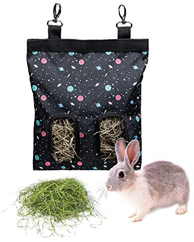 Bolsa de Heno de Conejo Bolsa de Alimentación de Heno henera de tela para cobayas para Conejo Chinchilla Hámster Pequeños Animales (2 ventanas, patrón negro)