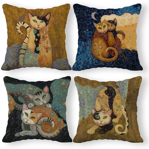 Juego de 4 fundas de almohada abstractas de lino de gato, 18 x 18 pulgadas, regalos para amantes de los gatos, divertida almohada de gatos, decoración de habitación de niños, regalos para dueños de