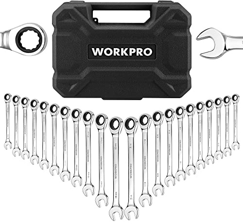 WORKPRO 22-Piece Ratcheting Combination Wrench Set, 72 Teeth, Combo Ratchet Wrenches Set with Organizer Box, Metric 6-18mm & SAE 1/4-3/4