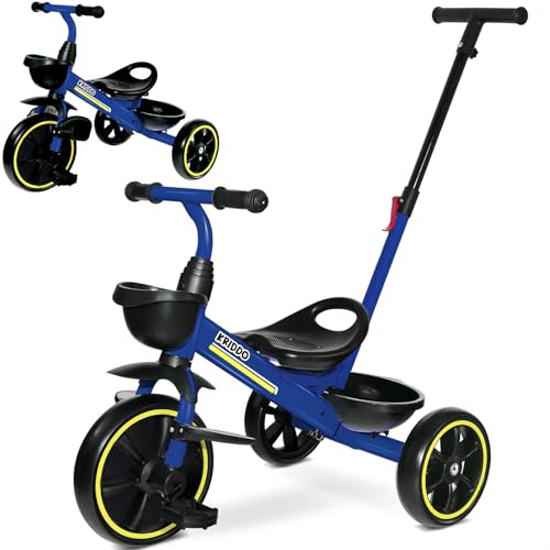 KRIDDO 2-en-1 Tricycle pour Enfants de 18 Mois à 5 Ans - Poignée de poussée Extensible pour Une Conduite sans Effort, Tricycle Cadeau de 3 à 5 Ans, Tricycle avec Repose-Pieds Avant Pliable, Bleu