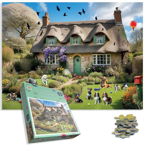 1000 Piece Jigsaw Dogs In A Spring Cottage Garden Set In British Countryside For Adults & Family Fun