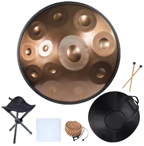 Handpan Drum 56 Cm D-Moll 432 Hz/440 Hz Stahl-Handtrommel Mit Weicher Handpan-Tasche, 9/10/12-Noten Hand Drum Schlaginstrument Für Persönliche Meditation, Yoga(Gold,12 Notes(432HZ))