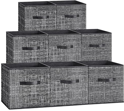 SONGMICS Scatole Portaoggetti, Set di 8 Contenitori da 30 cm in Tessuto Non Tessuto, con Doppie Maniglie, Organizzatori a Cubo, per Scaffale, Pieghevoli, per Abiti, Nero Inchiostro ROB830B01