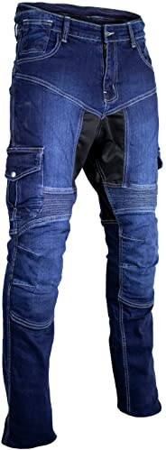 MDM Jeans da moto in blu con protezioni cargo biker, Blu, 30W x 32L