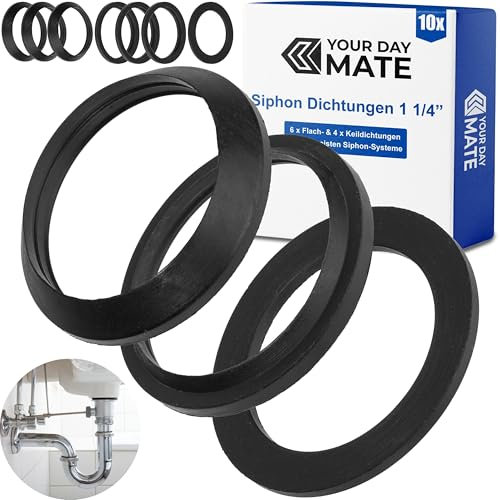 Gasket set for 1 ¼ siphons, 4 x wedge gasket, 6 x flat seal, made of rubber, in black, for bathroom, kitchen, washbasin seal, drain sealing rings 1 1/4 inch, sealing rings odour trap siphon