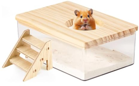 SXTDKMJ Hamster Sand Bath, Hamster Sand Bathroom Transparent Acrylic Sand Container With Wooden Ladder Small Animals Digging Sand Box Hamster Accessories