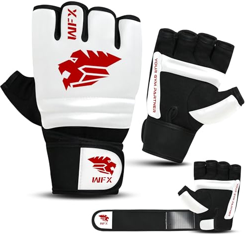 WFX MMA-handskar för grappling- och kampsportsträning, vegan läder halvfingerhandskar för taekwondo, karate och boxningspåsar, herr- och damhandskar för body combat sparring (vit, M)