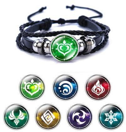Bracciale Genshin Impact,Bracciale Luminoso Animne,Braccialetti Luminosi Element che Brillano al Buio,Braccialetto Fortunato con 7 Elementi di Ricambio:Fuoco,Ghiaccio,Vento,Erba,Roccia,Tuono,Acqua