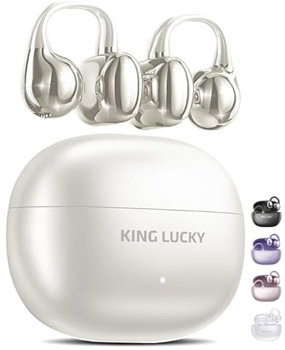 King Lucky Clip-On Earbuds Gen 3, Open-Ear Wireless Bluetooth 6.0 Headphones with Mic, Secure Fit for Small Ears & Glasses Wearers, 50H Playtime, ENC, IPX5 Waterproof Sport Ear Buds (Light White)