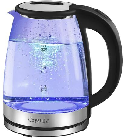 Crystals 1.8L Glass Electric Kettle | 1500W Fast Boil Cordless Kettle with Blue LED | Quiet Boil, Low Wattage Travel Kettle | Auto Shut-Off, Boil-Dry Protection, Easy Clean for Home & Office