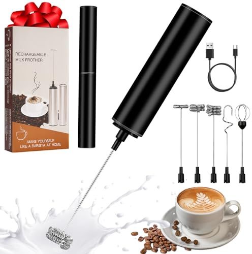 Milchschäumer Elektrisch USB-C mit 5 Wechselbaren Edelstahl-Schneebesen–2 Einstellbare Geschwindigkeiten (11.000/13.000 U/min), Wasserdichter Aufschäumer für Kaffee, Latte, Cappuccino, Matcha(Schwarz)