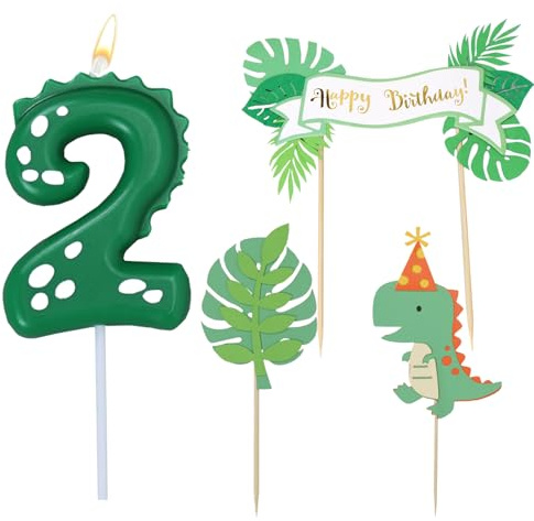 Velas Cumpleaños Números, Velas Dinosaurio 2 Años, con Topper Tarta, Números 2 Vela Verdes, Decoracion Cumpleaños de Fiesta