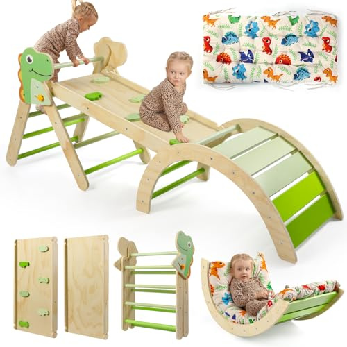 7-in-1 Montessori Kletterdreieck Set mit Rutsche, Kletterbogen & weichem Kissen – Holz Klettergerüst für Babys & Kleinkinder ab 1–3 Jahre, Indoor Spielgerät, faltbar & sicher (Dinosaur)