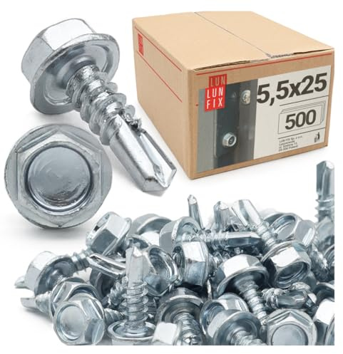 500 pezzi di viti autoperforanti da 5,5 x 25 mm con testa esagonale DIN 7504K in acciaio zincato con punta per lamiera trapezia e lamiere metalliche