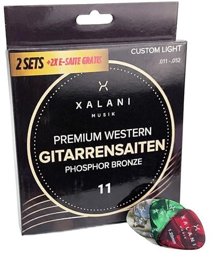 XALANI Cuerdas para guitarra Western Guitarra 011 – Pack de 2 | Bonus: 2 cuerdas eléctricas altas y 6 púas