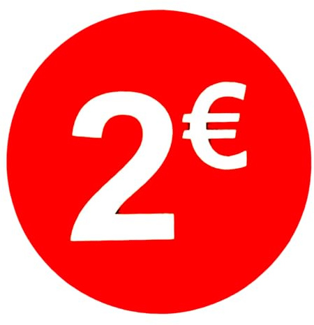Etiquetas de Precio 2€ Euro Pack de 1000 Pegatinas Redondos Rojos Adhesivo Desplegable Price Stickers Rebajas Descuentos Oferta Liquidación