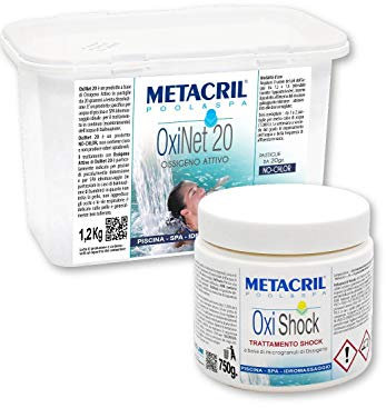 Metacril OxiNet 20 1,2Kg. + OxiShock 750gr, a Base di Ossigeno, per la Gestione della Qualità dell'acqua, Senza Cloro, per Piscine e Idromassaggio