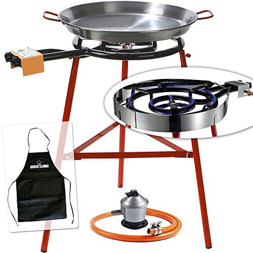 Set paellero 40 cm Garcima con paella 42 cm, supporto rinforzato, regolatore, tubo a gas e paravento Kabra + grembiule gratuito