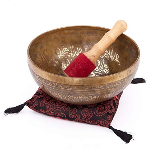 Bodhi Tibetische Klangschale Ø 23 cm | Singing Bowl mit Blume des Lebens Gravur | Handgefertigtes Klangschalen Set inkl. Kissen & Klöppel | Spirituelles Geschenk | Meditationszubehör aus Bronze