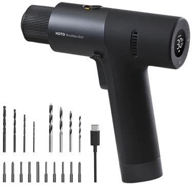 HOTO Brushless Drill, 12V Cordless, Power with LED Display, 30 Gears 2 Working Modes, 3/8 Inch Keyless Chuck, 266 in-lbs (30N·m) Torque, 2000mAh Battery, 10 Bits & 8 Drill Bits