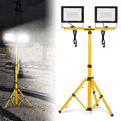 LZQ Projecteur LED de chantier - 2 x 100 W - Blanc froid - 8500 lm - Avec trépied et câble d'alimentation - IP66 - Étanche - Avec fiche - Pour atelier, chantier de construction