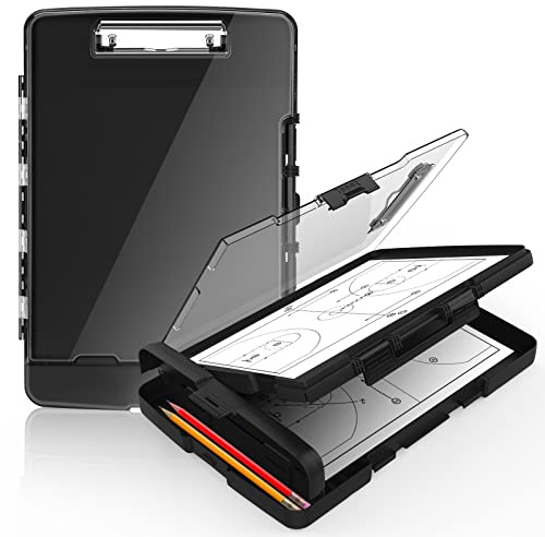 Sooez Original Clipboard with Storage & Pen Holder, Heavy Duty Clip Boards 8.5x11 with Dual Storage, Clearview Dry Erase Coach Clipboard with Real Hinge, High Capacity, School & Office Supplies