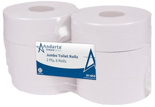 Andarta - 2Ply Jumbo White Toilet Rolls with 76mm Core - Pack of 6 High Capacity Toilet Roll - 300m Per Roll - Made from Recycled Materials - Suitable for All Jumbo Dispensers - Bulk Toilet Roll